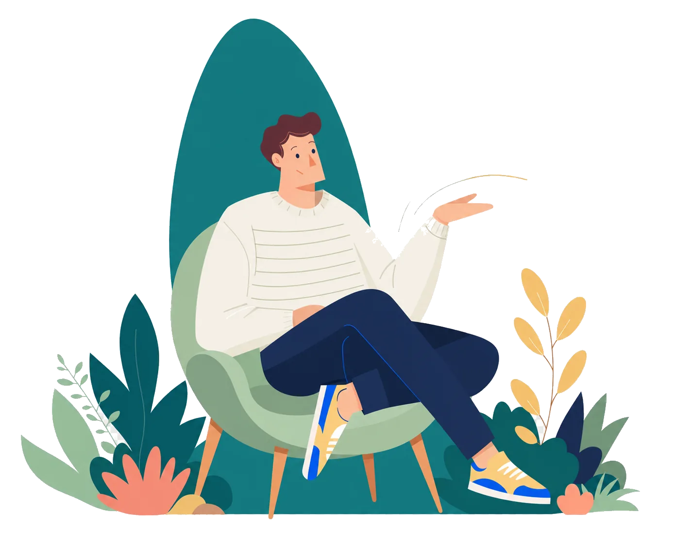 Una persona sentada en un sillón, en conversación, rodeada de plantas.